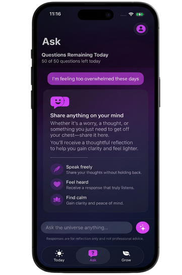 Veda91 personalized guidance screen for talking through stress, anxiety and important life decisions