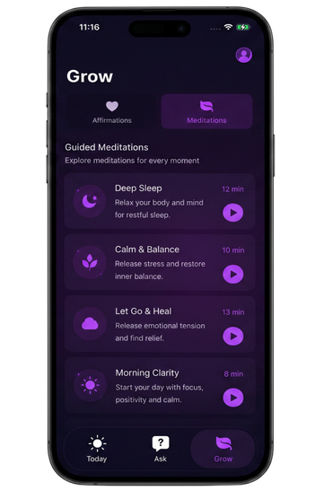 Veda91 mindfulness screen with guided meditations and daily affirmations for calm and emotional balance